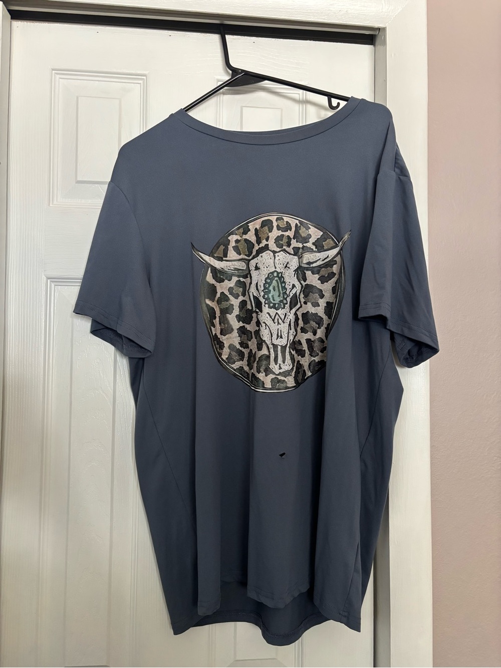 SHEIN Slate Blue Short-Sleeve Tee with Bull Skull Leopard Graphic